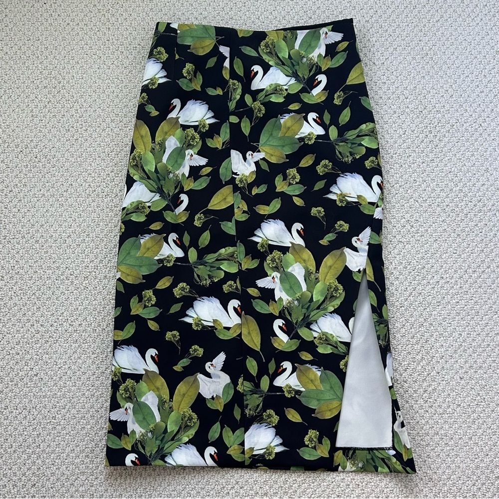 Bimba y Lola Swan Print Black Green Leaf Elegant Black Midi Skirt with Slit